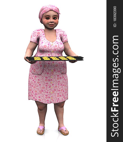 Chubby lady holding baking tray with cookies.