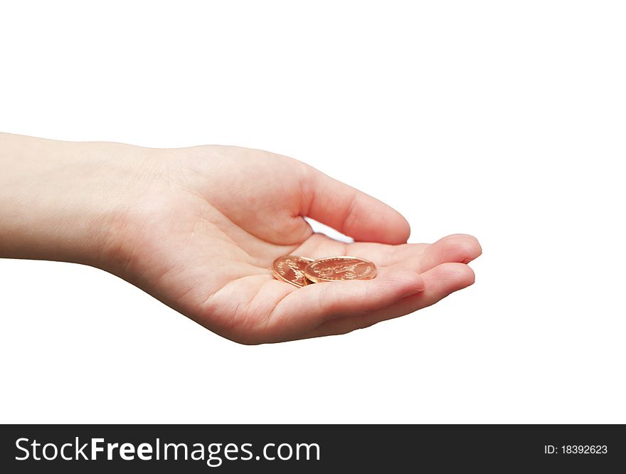 Begging hand gesture with coin on hand