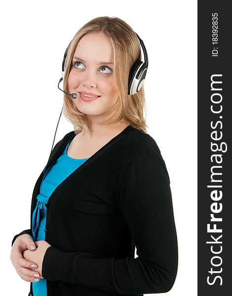 Thoughtful woman call with headset. Thoughtful woman call with headset