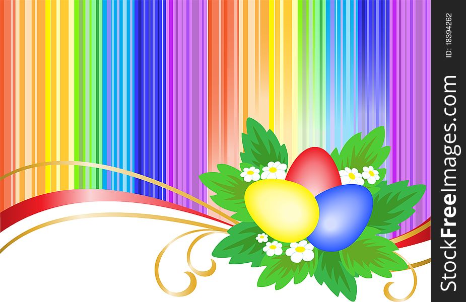 Three multi-colored Easter eggs in bright rainbow background. Three multi-colored Easter eggs in bright rainbow background