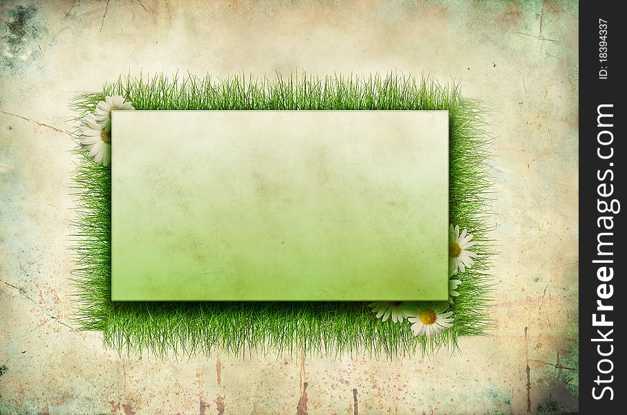 Background of grass and frame on grunge background