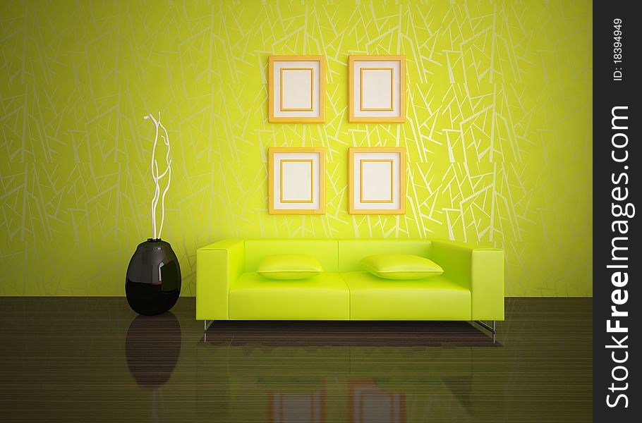 Green interior composition with frames on a wall