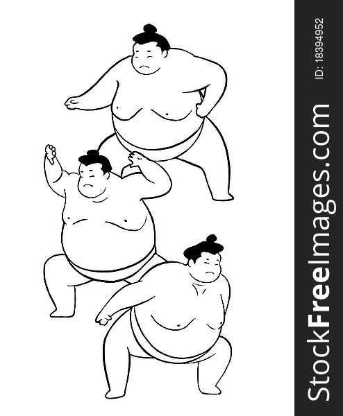 Sumotori - sumo wrestlers. Black and white picture. Vertical.