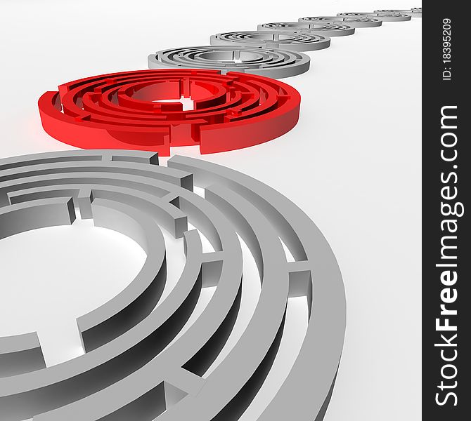 Number of white labyrinths are round, one of which is red. 3d computer modeling