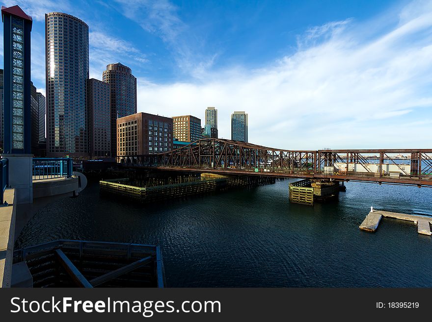 Wide angle view of Boston Financial District in Boston, Massachusetts - USA.