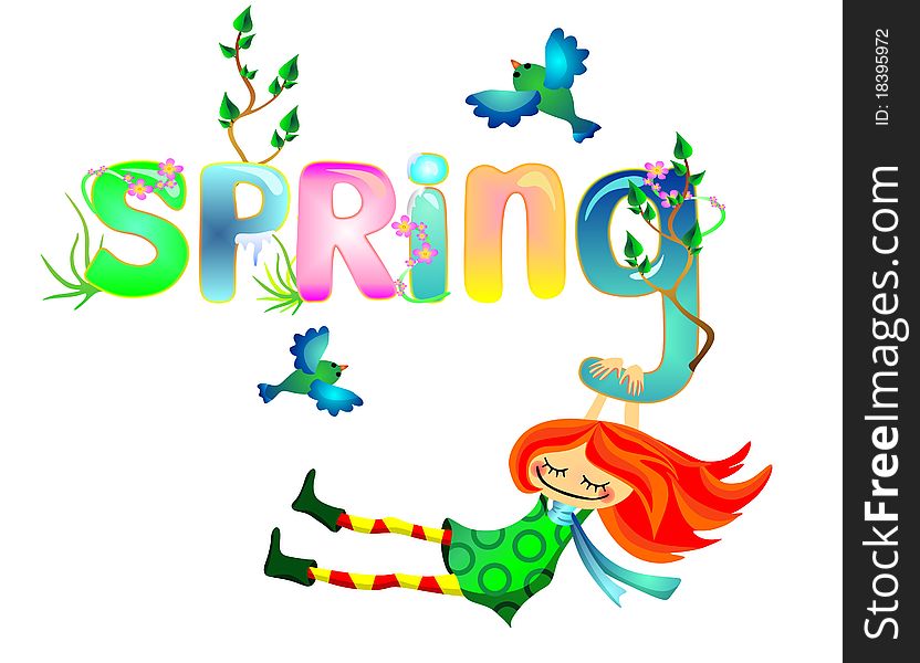 Vector illustration a funny women and text spring.