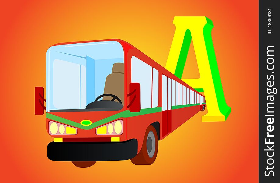 Large passenger bus and the letter A on a red-yellow background