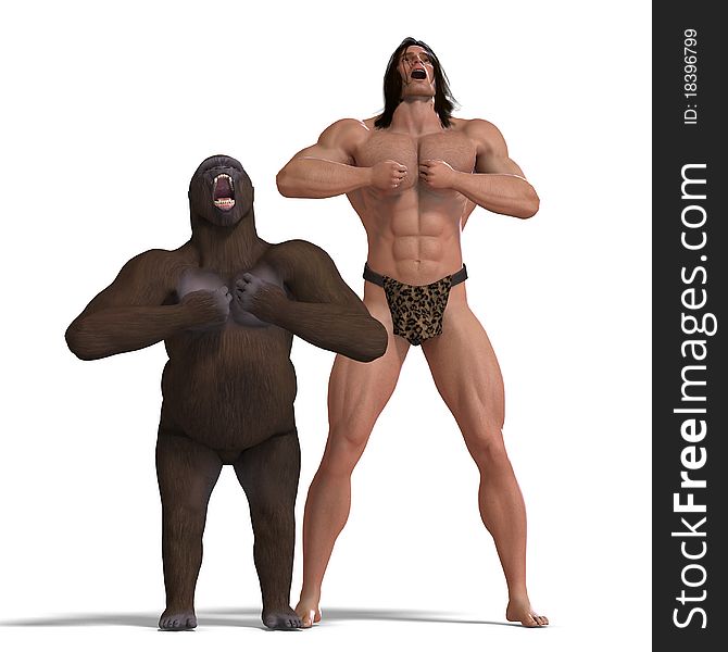 The apeman and the gorilla are ground friends. 3D rendering with clipping path and shadow over white