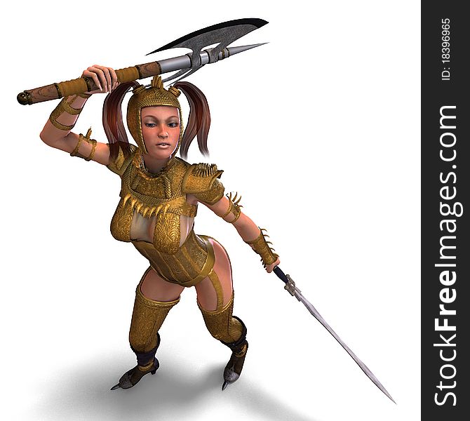 Attractive female knight act as a guard. 3D rendering with clipping path and shadow over white