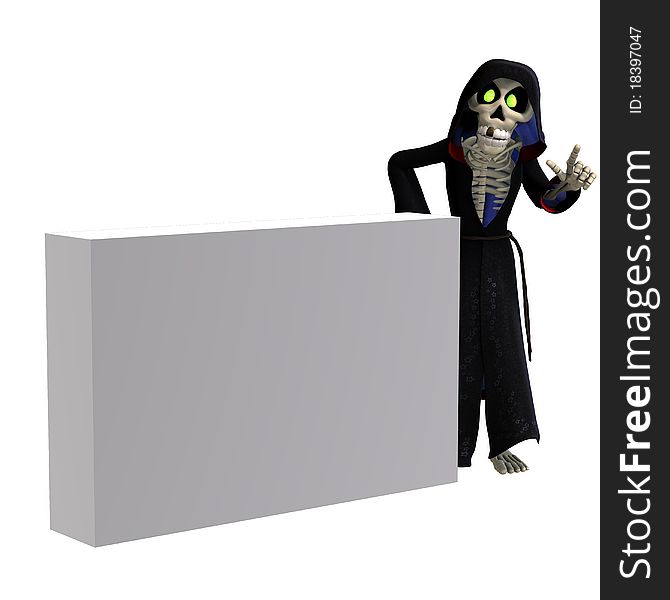 Funny cartoon reaper invites you. 3D rendering with clipping path and shadow over white