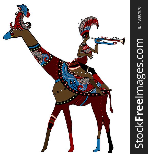 Woman in ethnic style sits on the back of a giraffe. Woman in ethnic style sits on the back of a giraffe