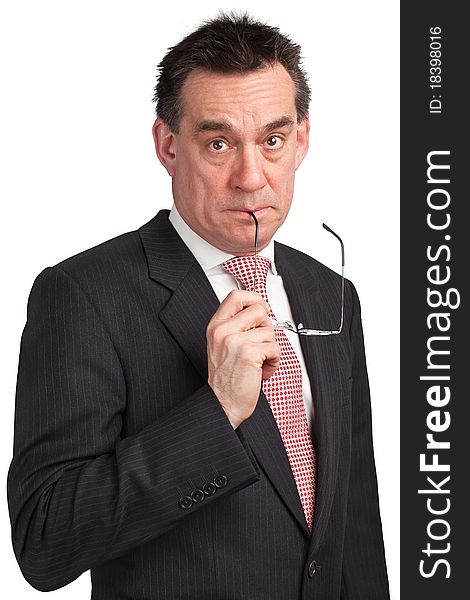 Surprised Shocked Businessman Holding Glasses to Mouth. Surprised Shocked Businessman Holding Glasses to Mouth