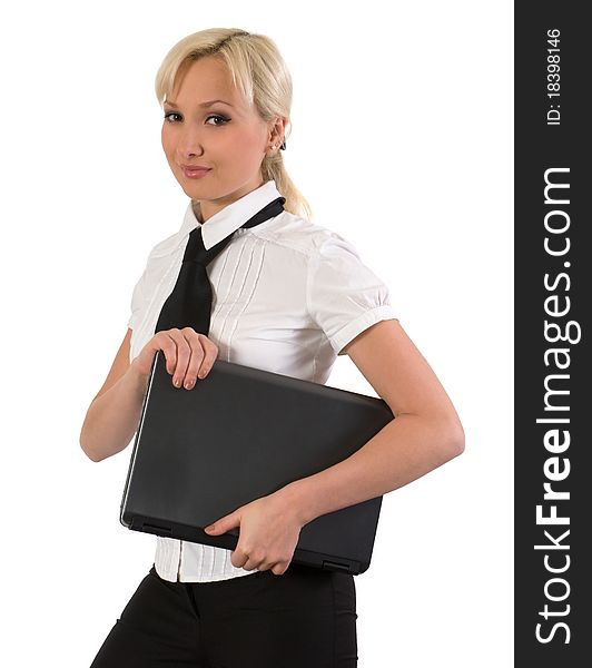 Smiling blond with laptop isolated on a white background. Smiling blond with laptop isolated on a white background.