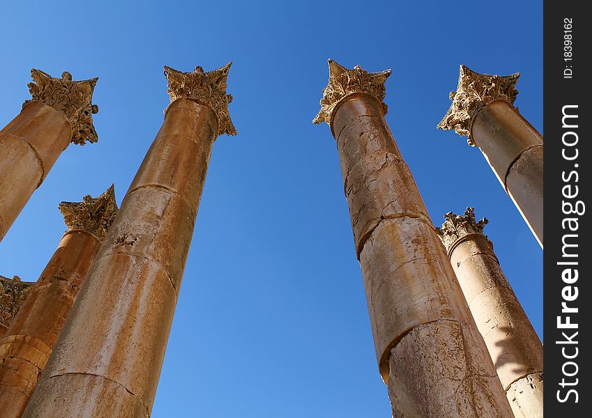 Columms in the Artemis Temple. Ruins of the Greco-Roman city of Gerasa. Ancient Jerash, in Jordan. Columms in the Artemis Temple. Ruins of the Greco-Roman city of Gerasa. Ancient Jerash, in Jordan.