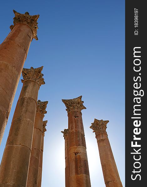 Columms in the Artemis Temple. Ruins of the Greco-Roman city of Gerasa. Ancient Jerash, in Jordan. Columms in the Artemis Temple. Ruins of the Greco-Roman city of Gerasa. Ancient Jerash, in Jordan.