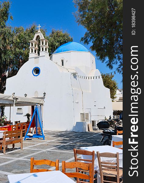 Mykonos blue church with blue sky