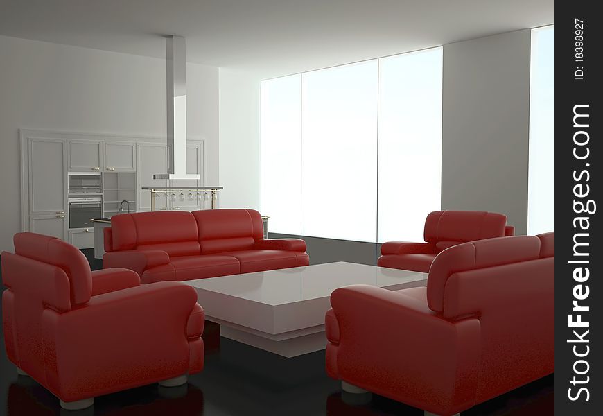 Interior of modern new large kitchen with red sofas, 3d render