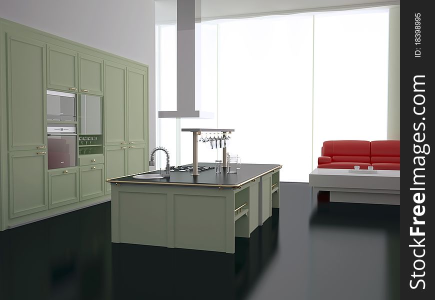 Interior of modern new large kitchen with red sofa, 3d render. Interior of modern new large kitchen with red sofa, 3d render