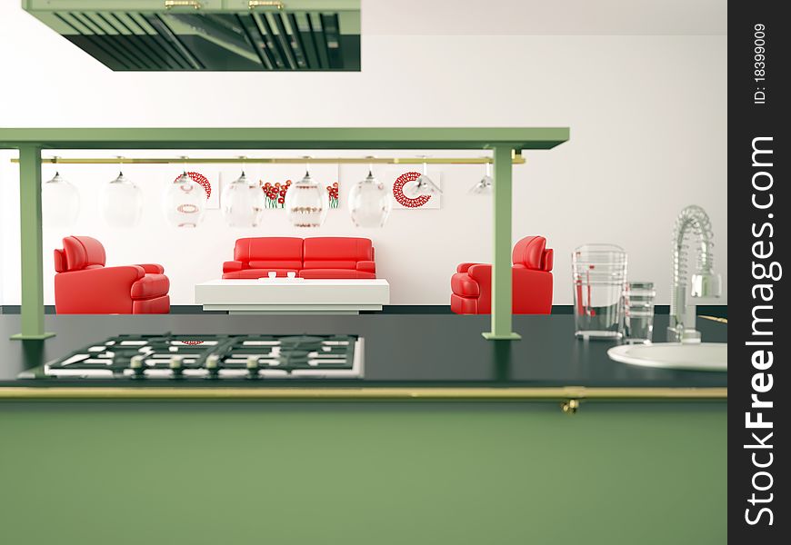 Interior of modern large kitchen with red sofas, 3d render