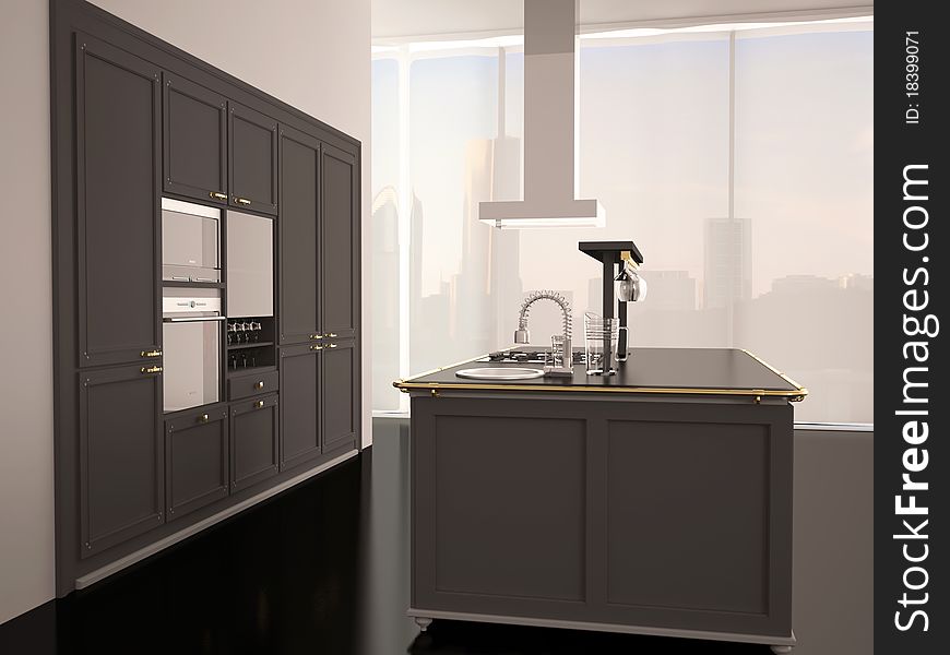 Interior of modern large black and white kitchen, 3d render. Interior of modern large black and white kitchen, 3d render