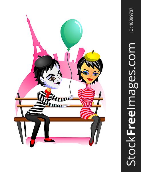 Mime and girl sit on a bench in park of Paris.