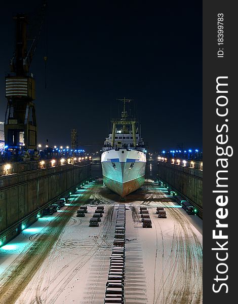 The fishing vessel during a renovation in the Gdansk Ship Repair Yard