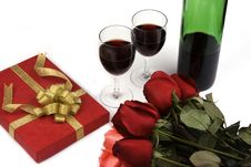 Roses With Present And Wine Royalty Free Stock Photography Roses With Present And Wine Royalty Free Stock Photography