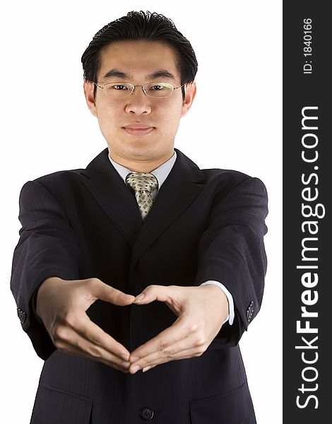 Asian young guy with love shape gesture.