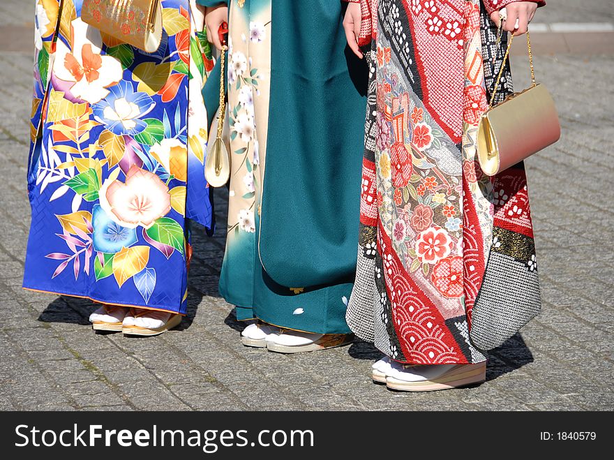 Group of young Japanese women in traditional kimono dress. Group of young Japanese women in traditional kimono dress