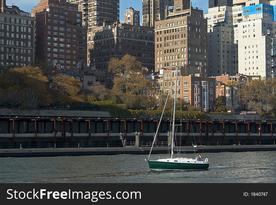 Sailboat on East river downtown NYC. Sailboat on East river downtown NYC