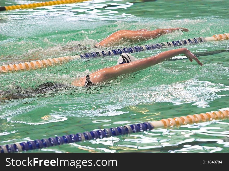 Swimmers competing in the freestyle swimming event