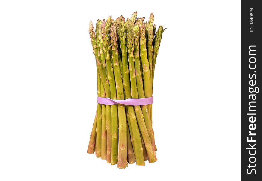 Macro view of a large bunch of green asparagus isolated on white background