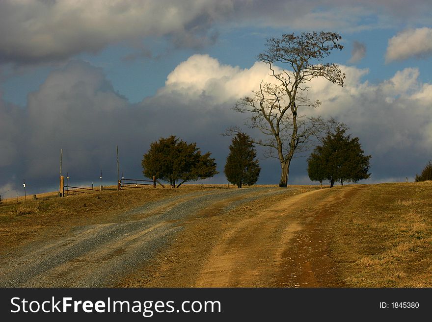 Country lane goes across hilltop in winter against dramatic sky and trees like a painting. Country lane goes across hilltop in winter against dramatic sky and trees like a painting