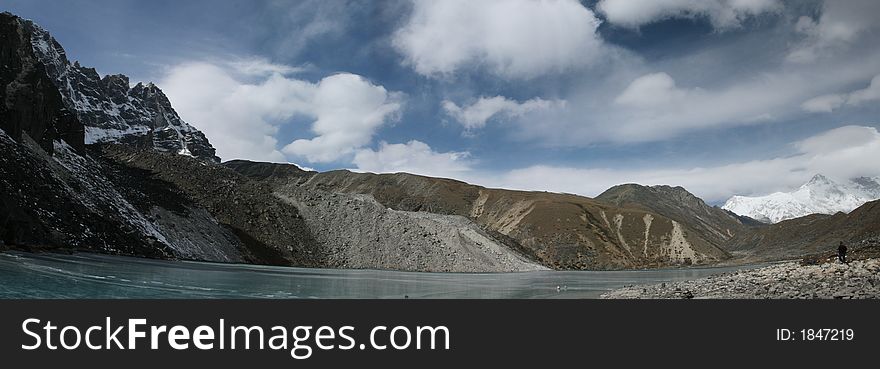 This is a panoramic photograph of a partly frozen lake up near Gokyo, which is at 4800m altitude above sea level, in the Himalayas, in Nepal.  It is surrounded by mountains and was constantly making a cracking sound as it was freezing. This is a must see attraction when trekking through Nepal and the Himalayas. This is a panoramic photograph of a partly frozen lake up near Gokyo, which is at 4800m altitude above sea level, in the Himalayas, in Nepal.  It is surrounded by mountains and was constantly making a cracking sound as it was freezing. This is a must see attraction when trekking through Nepal and the Himalayas.