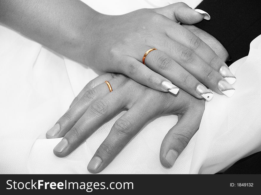 Hands of the groom and the bride with wedding rings