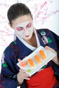 Beautiful Japan Geisha Woman With Sushi Stock Image Beautiful Japan Geisha Woman With Sushi Stock Image