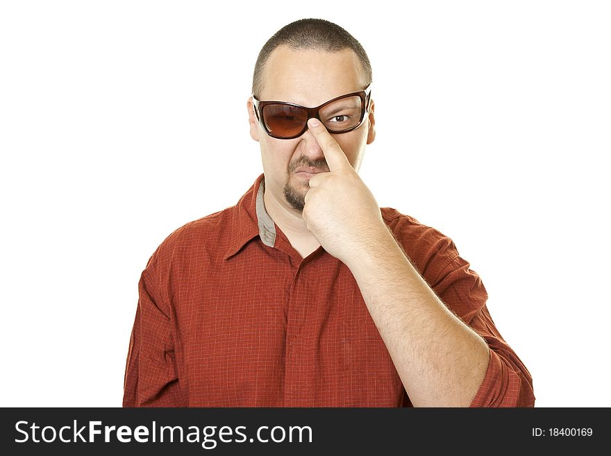 Man In Red T Shirt With Fancy  Broken Glasses