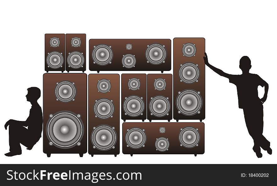 Acoustic speakers and silhouettes guys, that moving them, isolated on white