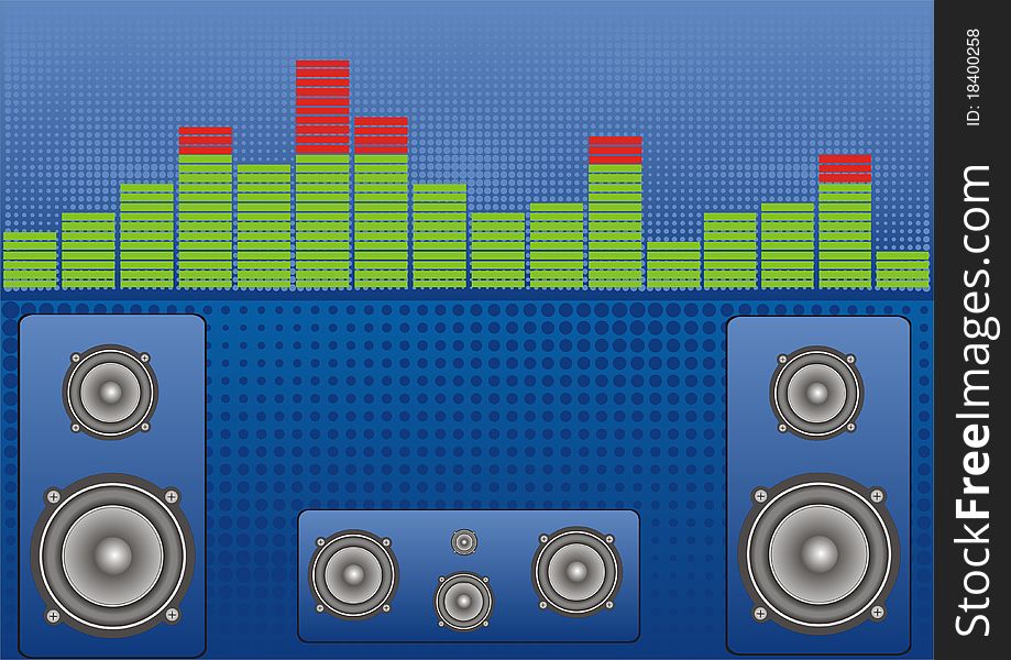 Banner as green sound level and speakers on blue background. Banner as green sound level and speakers on blue background