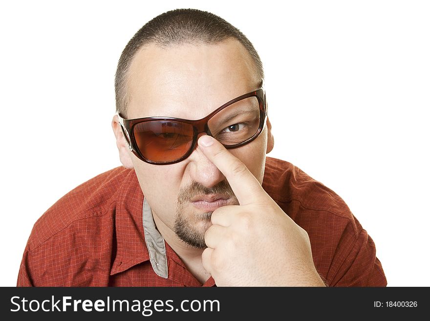Man in red t shirt with fancy  broken glasses