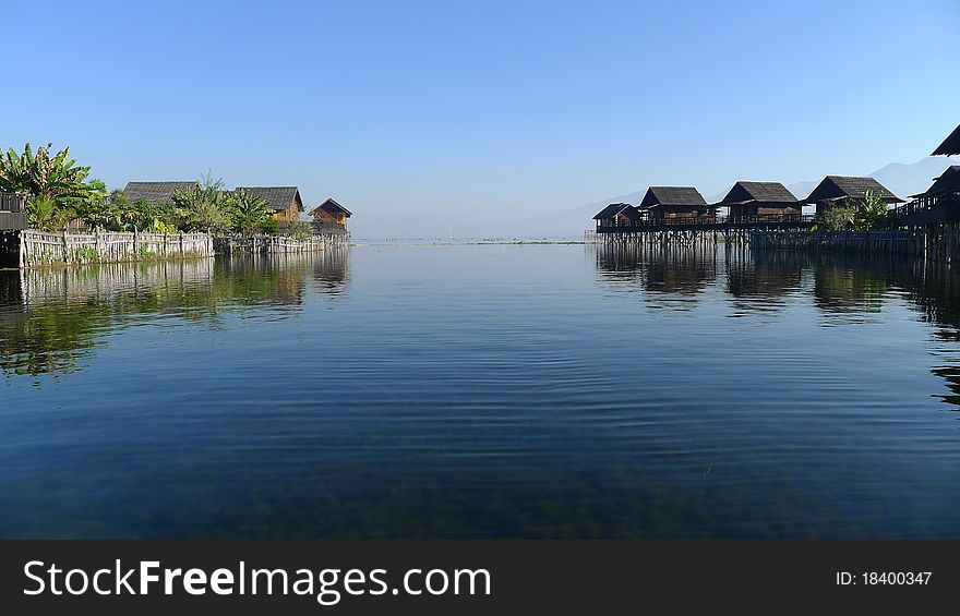 Landscape of wooden houses built in water in Myanmar. Landscape of wooden houses built in water in Myanmar