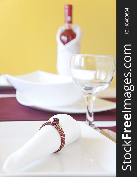 The served table with red wine at restaurant