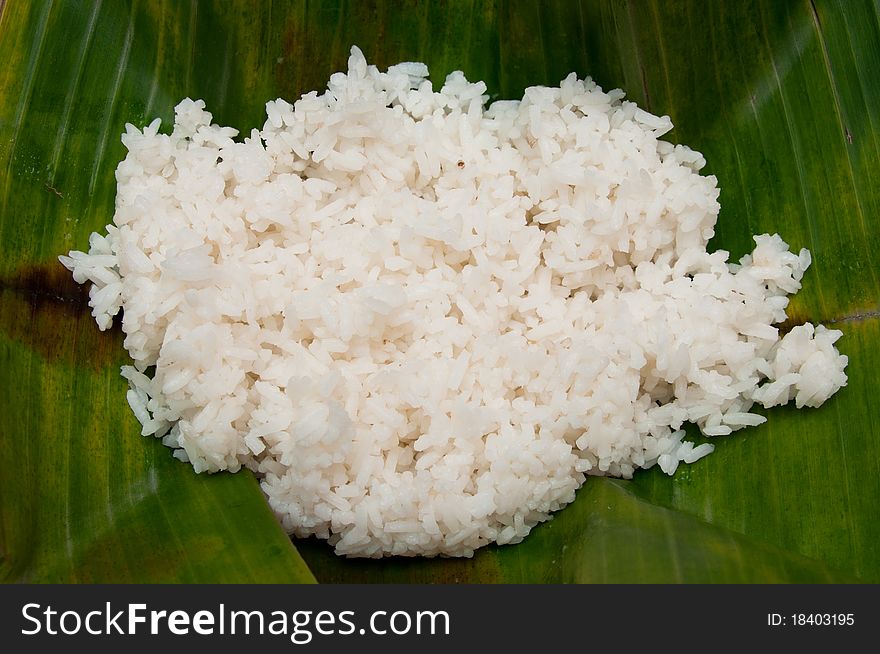 Organic steam rice on a banana leaf. Organic steam rice on a banana leaf