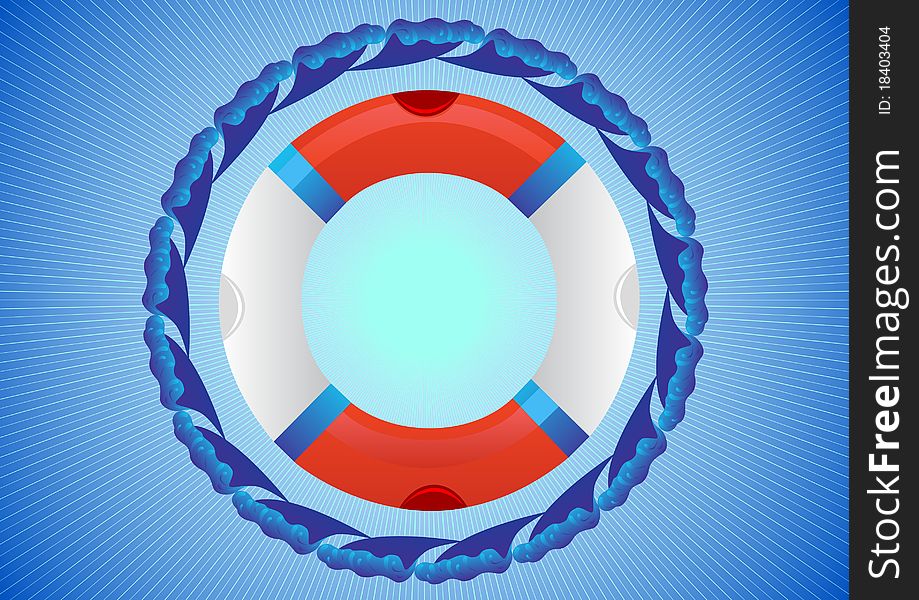 Abstract blue background. Lifebuoy is surrounded by ocean waves.