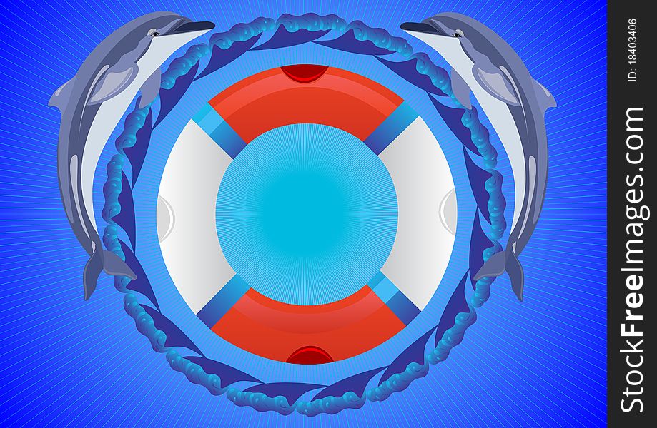 Abstract blue background. Lifebuoy is surrounded by ocean waves and two dolphins. Abstract blue background. Lifebuoy is surrounded by ocean waves and two dolphins