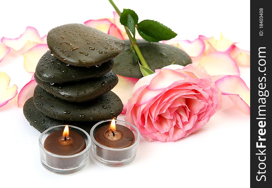 Rose and candles on a white background