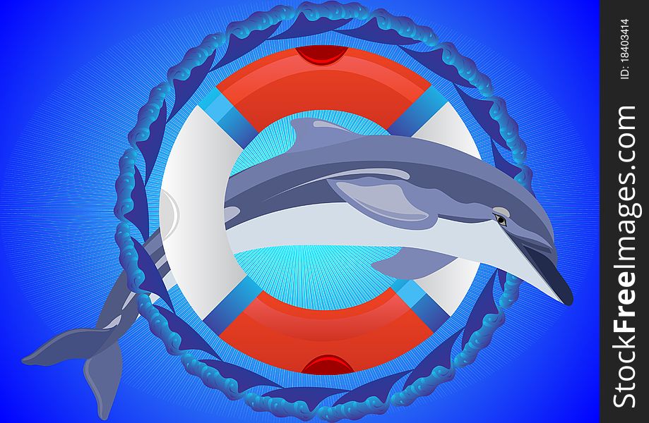 Abstract blue background. Dolphin jumping through a ring buoy surrounded by ocean waves. Abstract blue background. Dolphin jumping through a ring buoy surrounded by ocean waves.