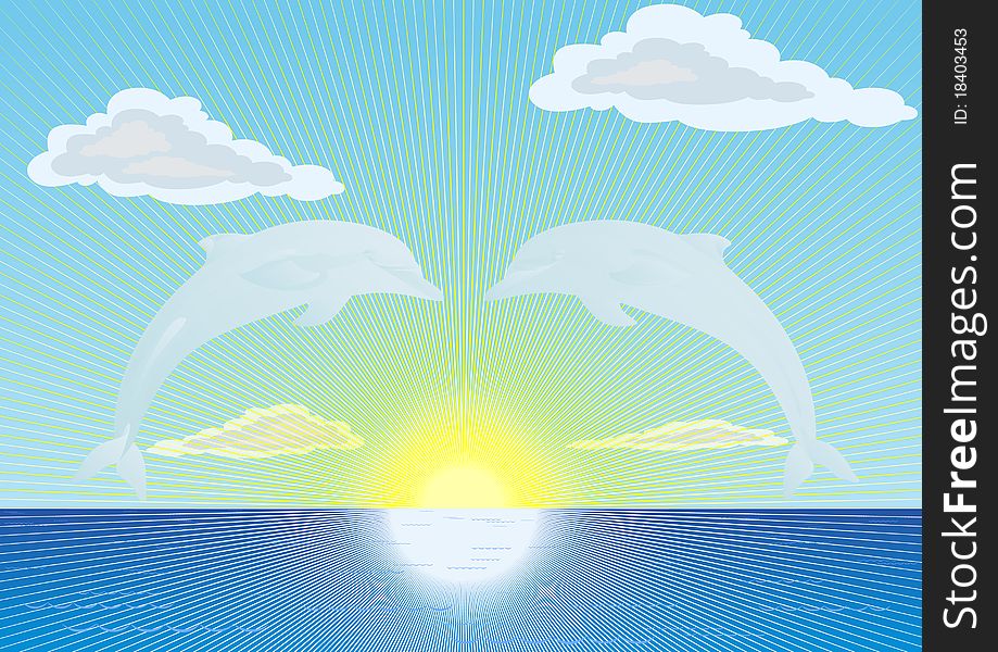 On the horizon of the ocean the sun shines. Clouds float across the sky. Two dolphins in the color of clouds against the blue sky. On the horizon of the ocean the sun shines. Clouds float across the sky. Two dolphins in the color of clouds against the blue sky