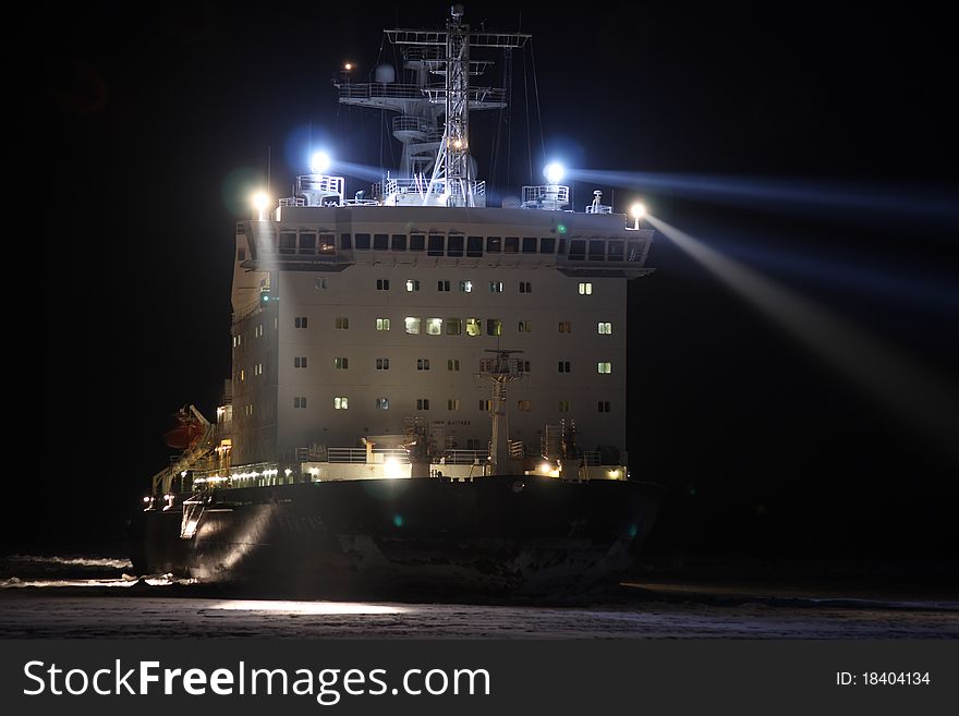 Atomic icebreaker Vaigach in river Enisey, Russian Federation