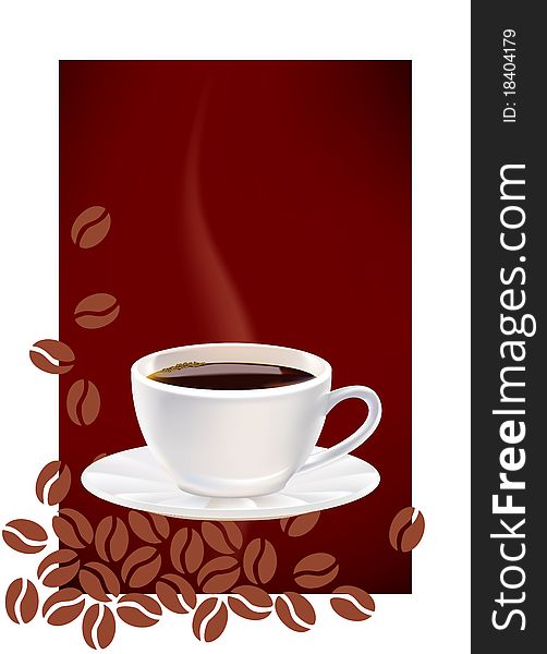 Cup of coffee and dark abstract background. Vector illustration.
